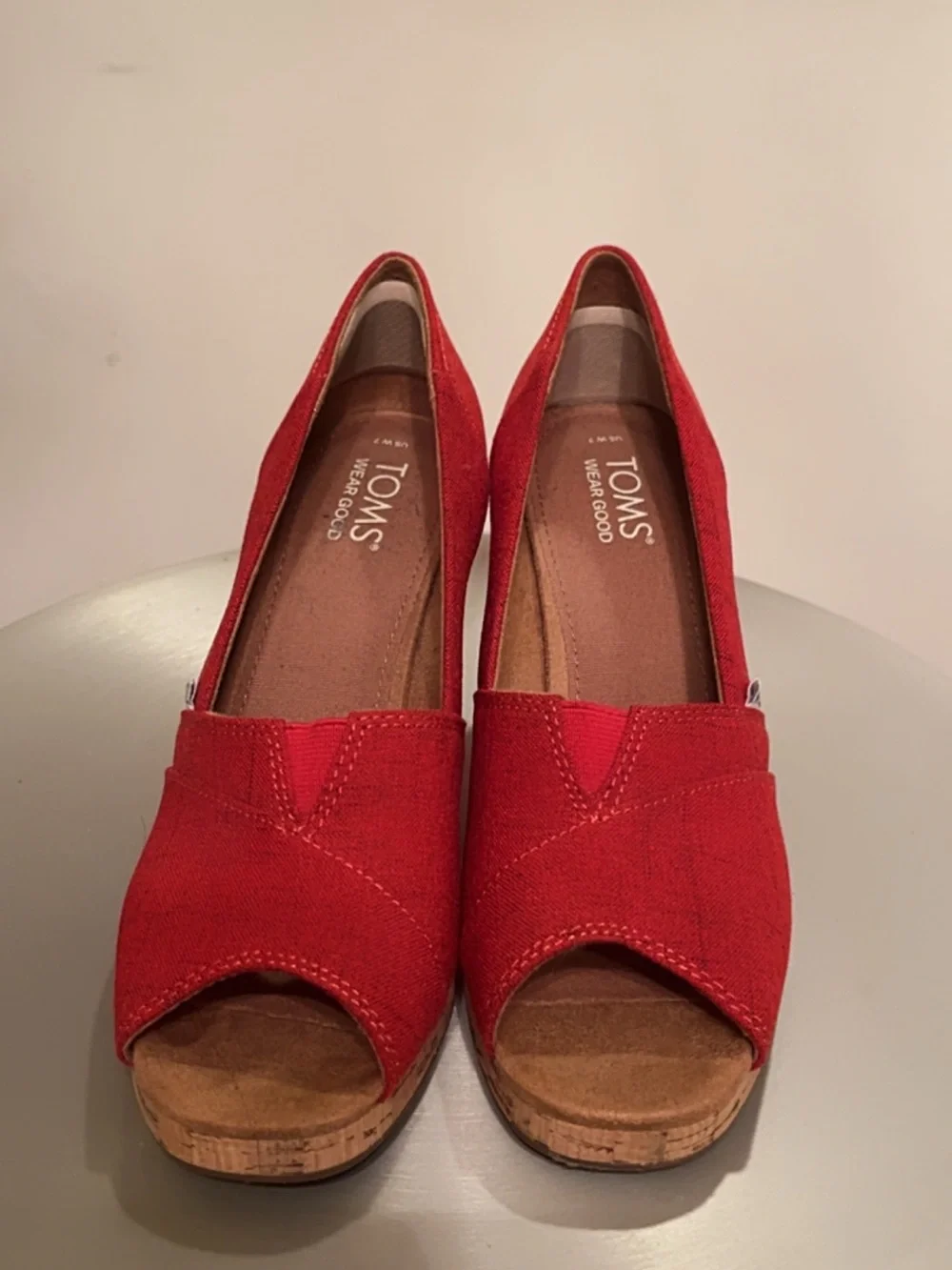TOMS Red Peep Toe Cork Wedge Heels Women’s Size 7